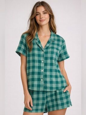 Pact Organic Cotton Flannel Sleep Top Green Check Button Pajama Shirt XL